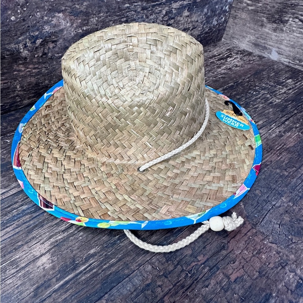 Straw Summer Sun Hat with Blue Trim and Drinks 🍹